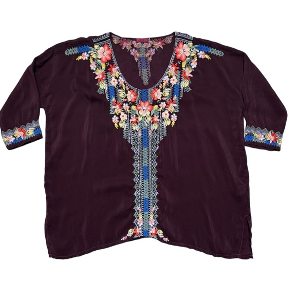 Johnny Was Tops - Johnny Was Rosa Tunic Embroidered Pullover Plum Merlot Boho Bohemian Size XS
